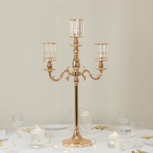 3-Arm Gold Metal Candelabra with Crystal Pendant Glass Shades – 34" Tall Candle Holder for Pillar, LED, and Flameless Candles